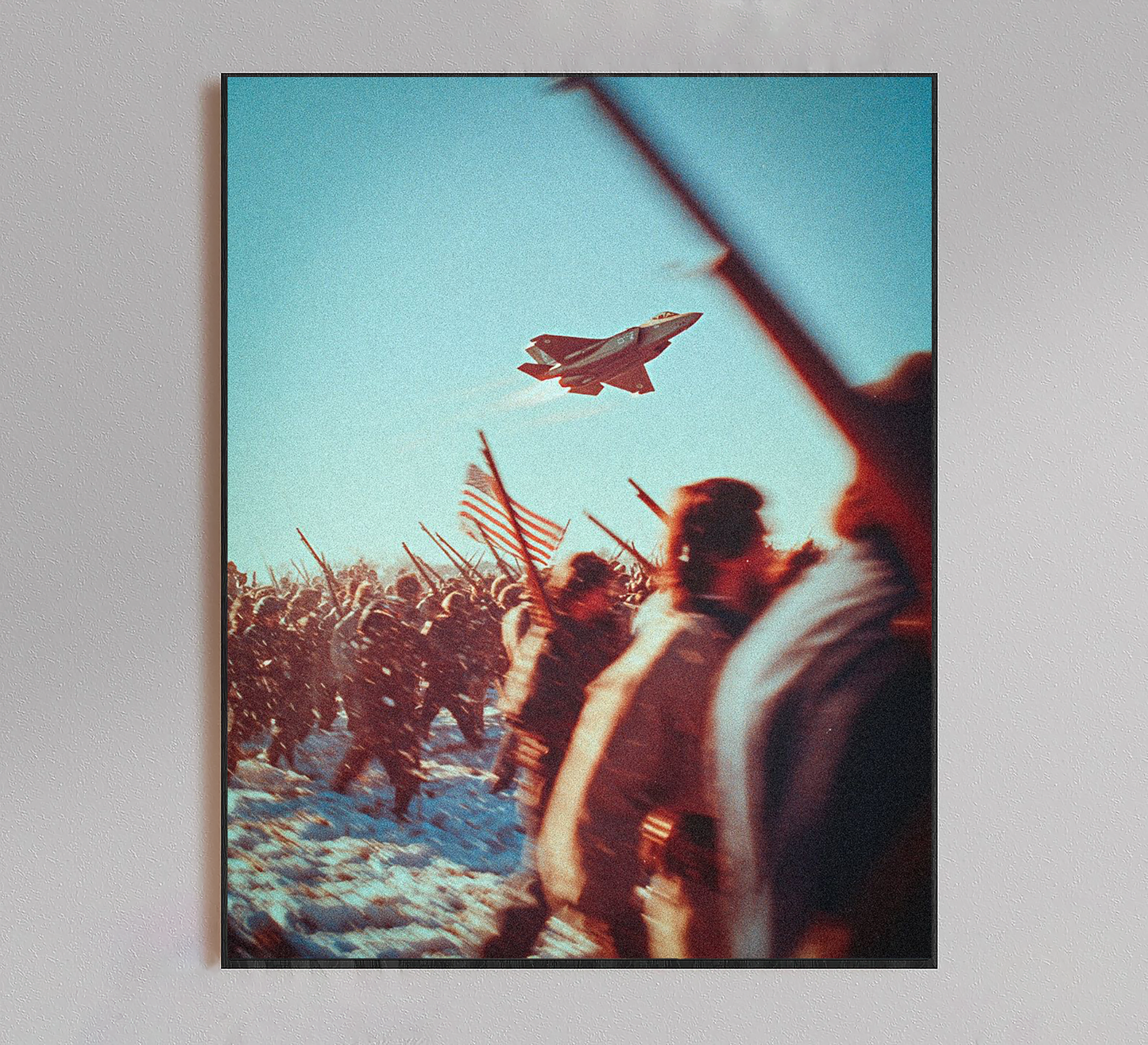 Military Jet over Marching Soldiers Poster