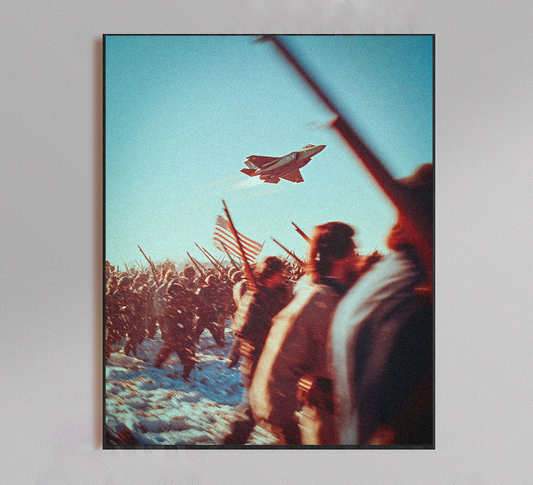 Military Jet over Marching Soldiers Poster