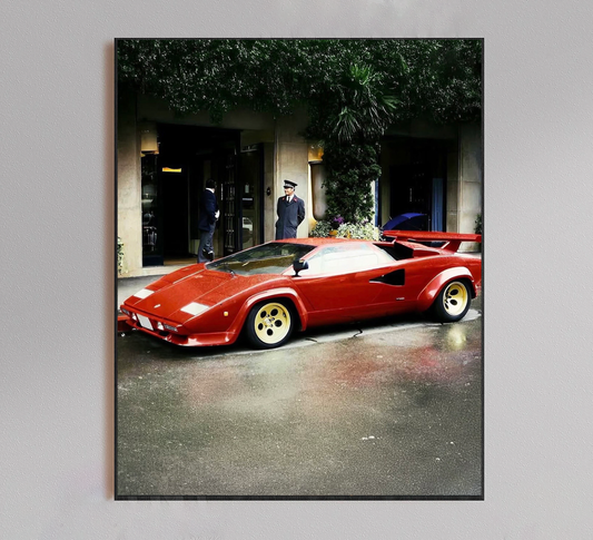 Vintage Lamborghini Outside Bank Poster